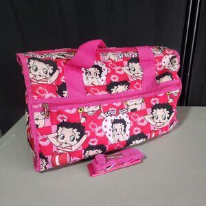 Betty Boop Pink Red Hearts Kisses Large Duffel Travel Tote Bag Gym Overnight...